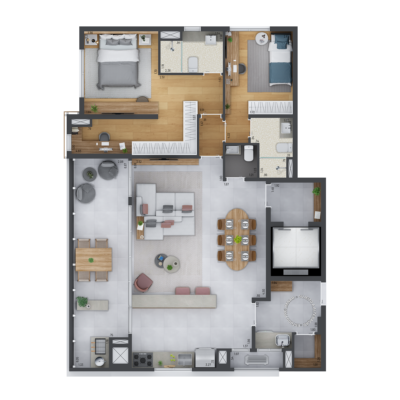 Nhambí Moema - Planta 121m² - Opção 2 suítes e cozinha aberta Nhambí Moema - Planta 121m² - Opção 2 suítes e cozinha aberta