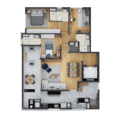 Nhambí Moema - Planta 121m² - Opção 3 suítes e cozinha fechada Nhambí Moema - Planta 121m² - Opção 3 suítes e cozinha fechada