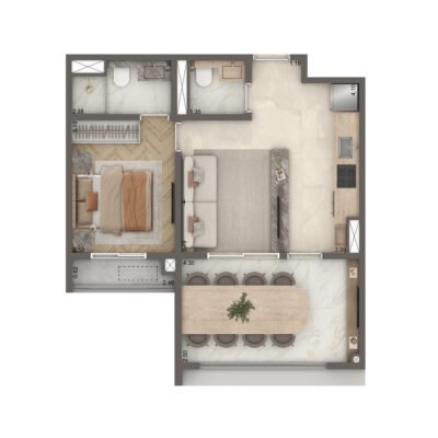 The New Residence Brooklin by Living - Planta 47m² - Opção cozinha integrada The New Residence Brooklin by Living - Planta 47m² - Opção cozinha integrada
