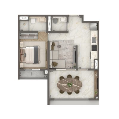 The New Residence Brooklin by Living - Planta 47m² - Padrão 1 suíte e 1 lavabo The New Residence Brooklin by Living - Planta 47m² - Padrão 1 suíte e 1 lavabo