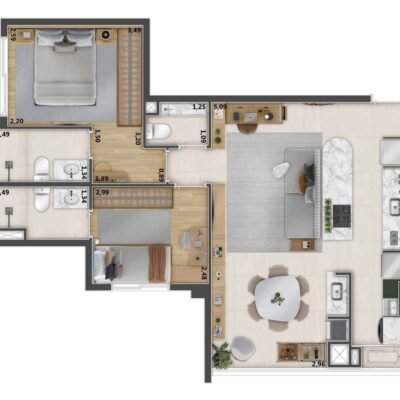 Triu 1722 - Planta 69m² - 2 suítes opção integrado Triu 1722 - Planta 69m² - 2 suítes opção integrado
