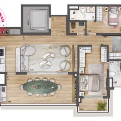 Preliminar - Jardim da Hípica - Planta 133m² - 3 suítes com cozinha aberta | Final 5 - Torre C Preliminar - Jardim da Hípica - Planta 133m² - 3 suítes com cozinha aberta | Final 5 - Torre C