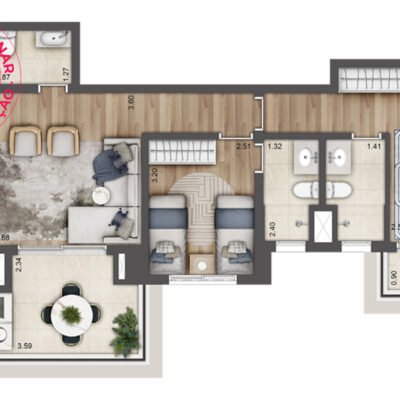 Preliminar - Jardim da Hípica - Planta 84m² - 2 suítes com cozinha aberta | Final 7 - Torre C Preliminar - Jardim da Hípica - Planta 84m² - 2 suítes com cozinha aberta | Final 7 - Torre C