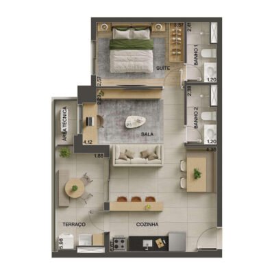 Vila Ares - Planta 60m² - Opção 1 suíte | Torre Aura Vila Ares - Planta 60m² - Opção 1 suíte | Torre Aura