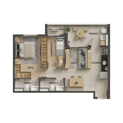 Vila Ares - Planta 63m² - 2 dorms | Torre Aura Vila Ares - Planta 63m² - 2 dorms | Torre Aura