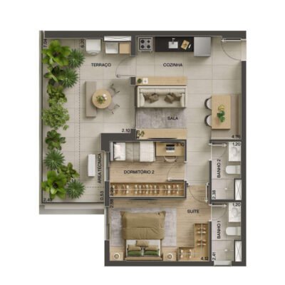 Vila Ares - Planta 76m² - 2 dorms | Garden Torre Aura Vila Ares - Planta 76m² - 2 dorms | Garden Torre Aura