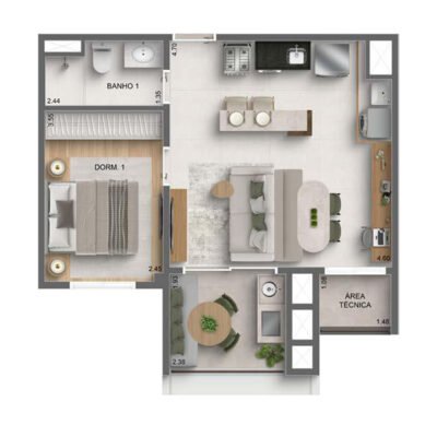 Autoria MAC - Planta 45m² - Opção 1 dorm e living ampliado Autoria MAC - Planta 45m² - Opção 1 dorm e living ampliado