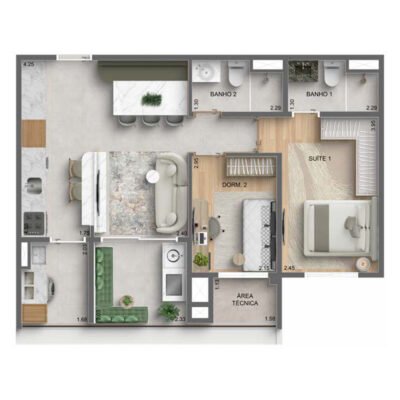 Autoria MAC - Planta 60m² - 2 dorms Autoria MAC - Planta 60m² - 2 dorms