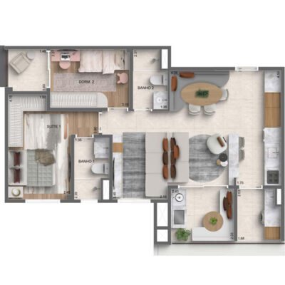 Autoria MAC - Planta 70m² - Opção 2 dorms e living ampliado Autoria MAC - Planta 70m² - Opção 2 dorms e living ampliado