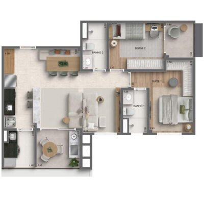 Autoria MAC - Planta 73m² - Opção 2 dorms e living ampliado Autoria MAC - Planta 73m² - Opção 2 dorms e living ampliado