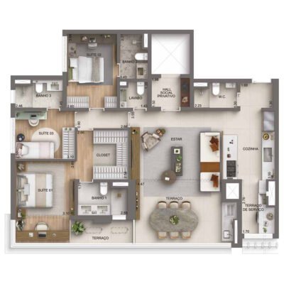 Casa Nacional - Planta 136m² - Opção com varanda integrada Casa Nacional - Planta 136m² - Opção com varanda integrada