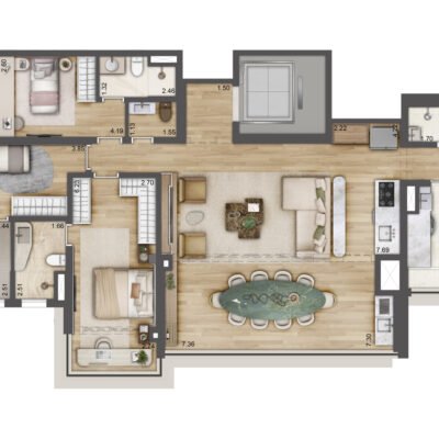 Jardim da Hípica - Planta 133m² - Torre B | Opção 3 suítes com cozinha integrada Jardim da Hípica - Planta 133m² - Torre B | Opção 3 suítes com cozinha integrada