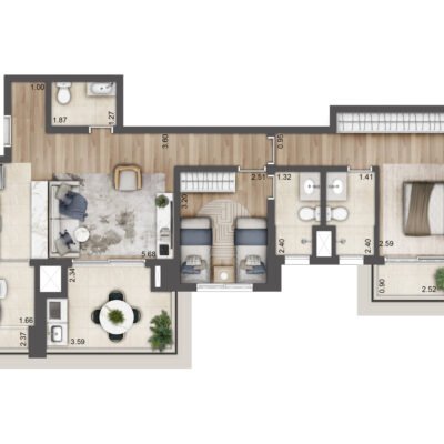 Jardim da Hípica - Planta 84m² - Torre C Final 7 | Opção 2 suítes com cozinha integrada Jardim da Hípica - Planta 84m² - Torre C Final 7 | Opção 2 suítes com cozinha integrada