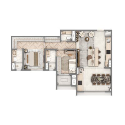 Wellness Chácara Santo Antônio - Planta 76m² - Opção 2 suítes com cozinha aberta Wellness Chácara Santo Antônio - Planta 76m² - Opção 2 suítes com cozinha aberta
